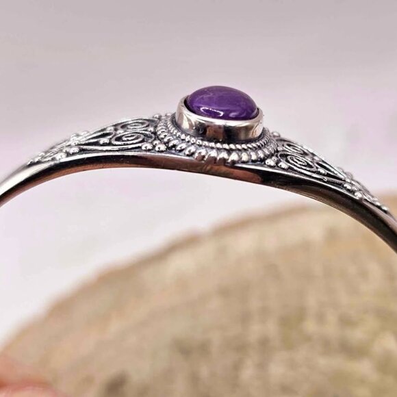 Nature Sugilite Sterling Silver S925 Stamped Cuff Bangle - Picture 5 of 10